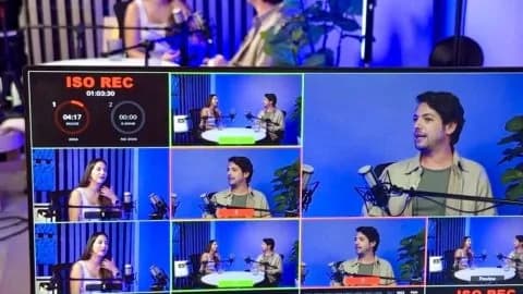 Monitor multiview de El Set MX® durante una sesión en estudio: varias cámaras en vivo y un contador de grabación ISO REC.